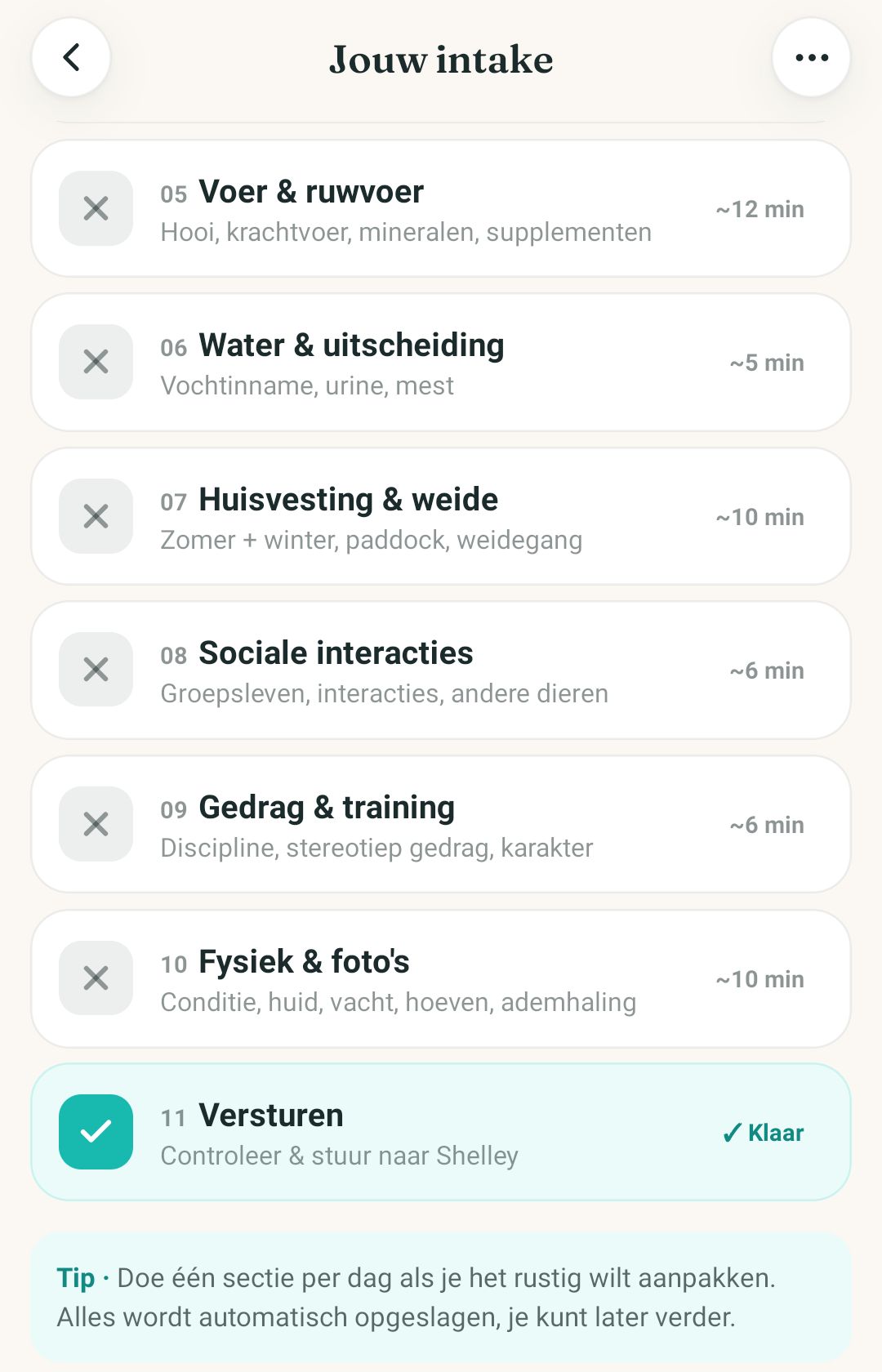 Voorbeeld van de EquiApp intake in de app