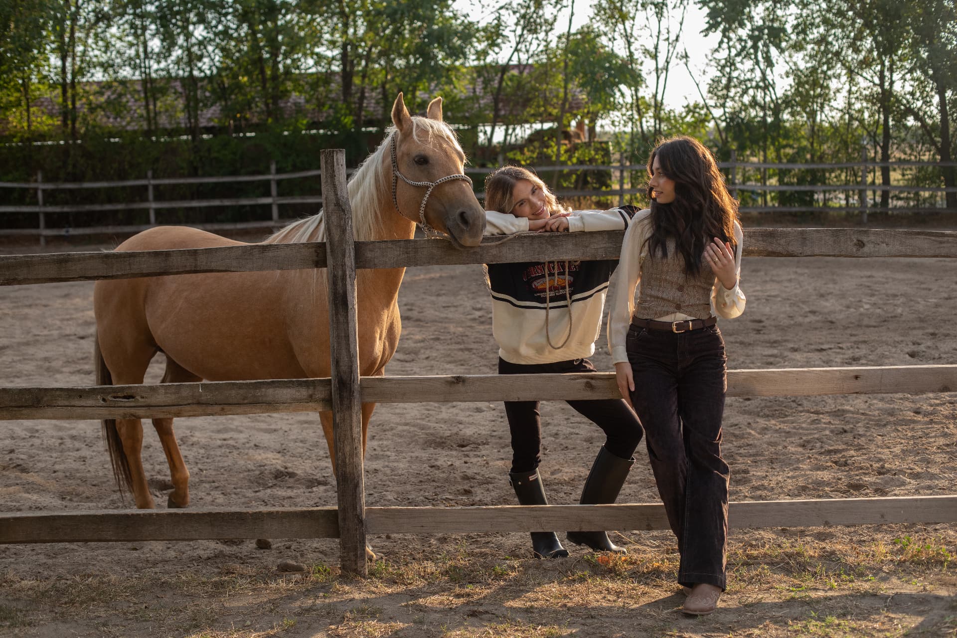 Twee vrouwen met een palomino aan het hek